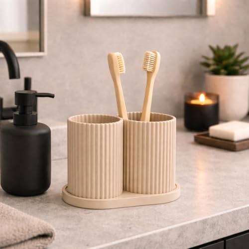 Image of Aesthetic Toothbrush Holder for Bathroom, Dual Cup Ribbed Design, Toothbrush & Toothpaste Organizer Stand, Modern Bathroom and Stationery Accessories Holder (Beige)