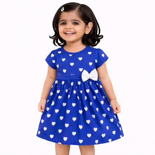 Image of babeezworld Kids Girl Heart Print Frock Dress with Bow | Cute Short Sleeve Summer Dress for Baby Girls Casual Party Outfit (1-5 Years)