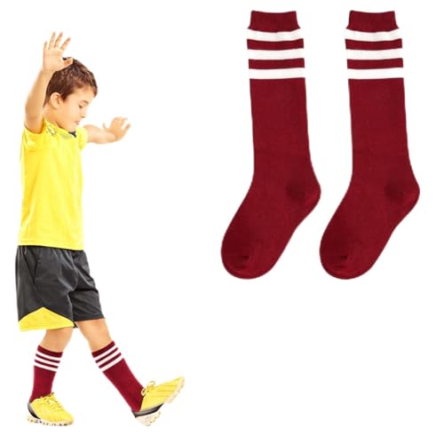 3 Pairs Soccer Socks, Soft Cotton Athletic Socks Mid Tube Socks Youth Socks Mid-Calf Socks for Sport Boys Girls Gift (Wine Red and White Strips)