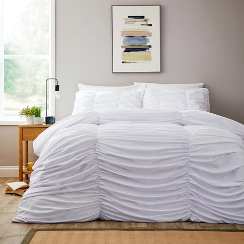 Olivia Rocco Ruched Duvet Cover Set with Pillowcases Ruffles Bedding Super Soft Easy Care Quilt Covers Bed Linen Sets, White Single