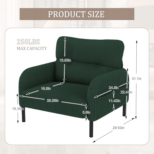 KEIKI 26" Corduroy Single Sofa Chair with Double Side Pockets & High Resilience Cushion, Modern Ergonomic Design Upholstery Oversized 1-Seater Accent Chair, Easy Assembly, for Living Room, Emerald by KEIKI - Image 3