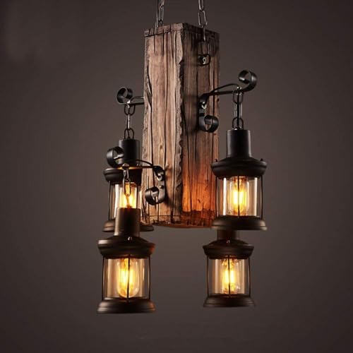 Farmhouse Chandelier, Rustic Wood Beam Chandelier, 4-Light Industrial Pendant Light