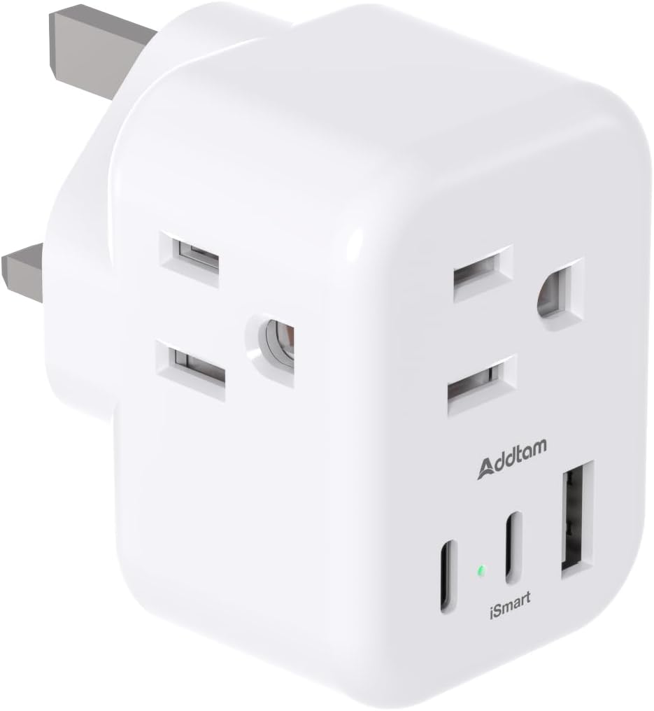US to UK Ireland Plug Adapter, Addtam Type G Power Adapter with 3 AC Outlets and 3 USB (1 USB C), Travel Essentials for USA to Dubai Scotland British London England Hong Kong Irish