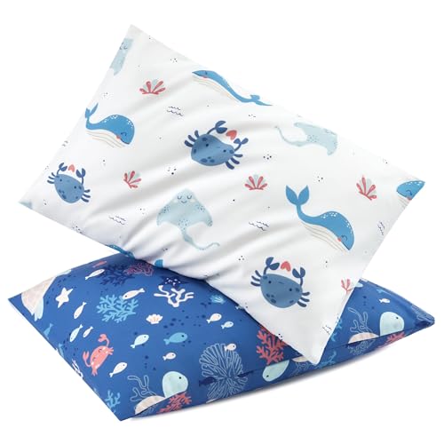 Image of TILLYOU Toddler Pillowcase 2 Pack with Envelope Closure,13 inch x 18 inch Silky Soft Microfiber Travel Kids Pillowcase for Boys and Girls, Beach Time Turtle&Manta Ray