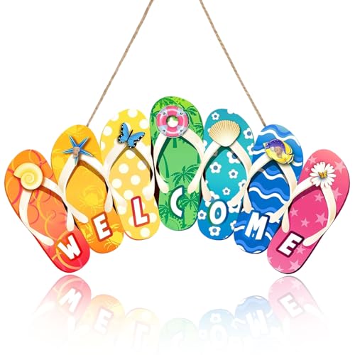 Welcome Decoración Colgante Madera, 11,41 Pulgadas X 8,66 Pulgadas Adornos de Verano, Adornos Colgantes Pared Interior, Adecuado para Playa de Verano, Decoración de Pared de Puerta de Porche