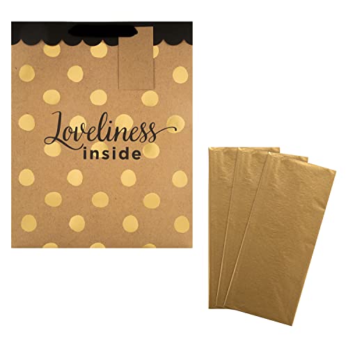 Hallmark Multi Occasion Gift Wrap and Bag Bundle - 3 Gold Tissue Paper Sheets and 1 Large Gift Bag in Contemporary Gold Designs