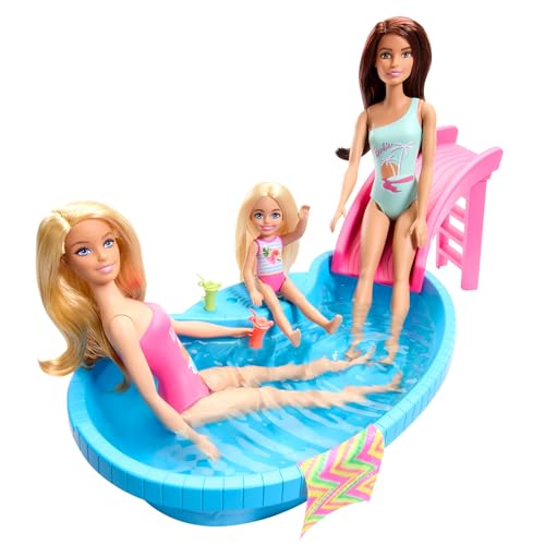 Barbie, Conjunto de Brinquedo com 1 Boneca com Maiô Rosa, 1 Piscina Glam e Acessórios, Para Crianças