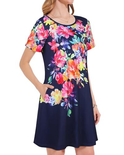 Image of Womens Summer Dresses Beach Casual Loose Tshirt Floral Short Sleeve Flowy Pockets Sundresses 2026
