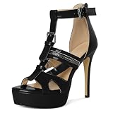 Soireelady Women Platform Heels Peep Toe Gothic Stiletto High Heels T-strap Heels Open Toe Ankle Strap Sandals 5 Inches Black US Size 9