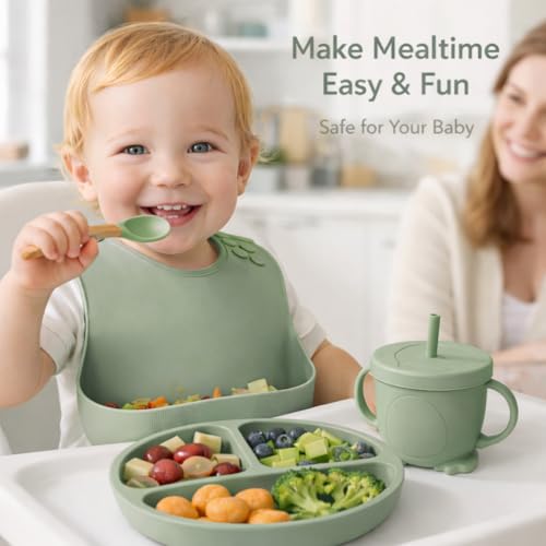 Image of 6PCS Silicone Baby Feeding Set - Suction Plate, Bowl, Bib, Spoon, Fork, Cup - BPA-Free, Non-Toxic, Microwave & Dishwasher Safe for Toddlers 6+ Months - Green