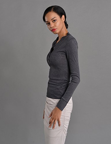 NEARKIN (NKNKWBT68 Beloved Womens Slim Cut Raw Edge Long Sleeve Henley Tshirts Charcoal US L(Tag Size XL)