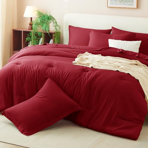 CozyLux Queen Comforter Set Dark Red, 7 Pieces Bed in a Bag Queen Size Comforter Set with Sheets, Bedding Sets with Down Alternative Comforter, Fitted Sheets, Flat Sheets, Pillow Shams and Pillowcases