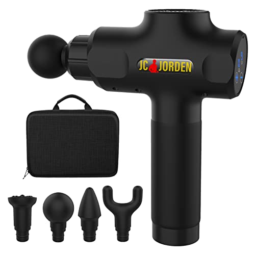 jc jorden Massage Gun, Deep Tissue Percussion Muscle Electric Digital Display Massage for Athletes, 6 Variable Speeds with 4 Massage Heads and Carrying Case, Black