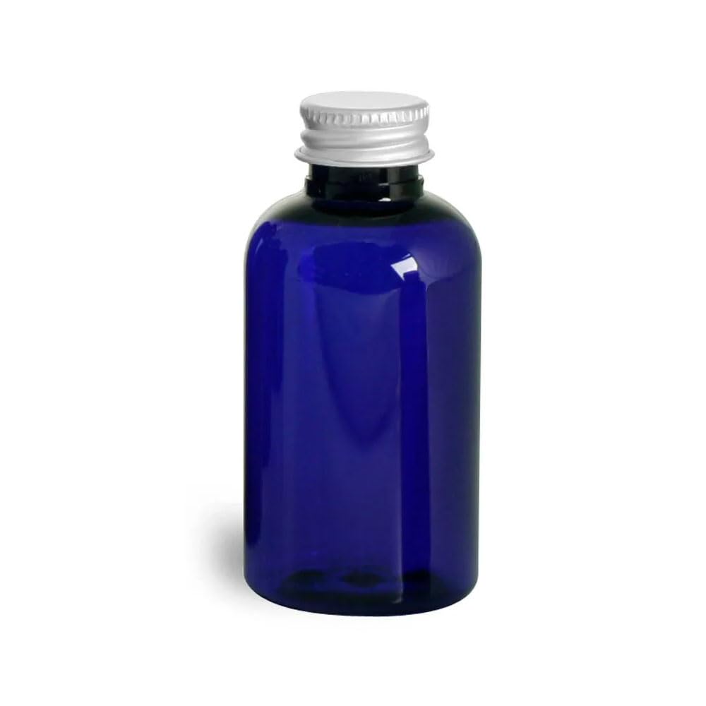 2 oz Blue PET Round Bottles w/Lined Aluminum Caps