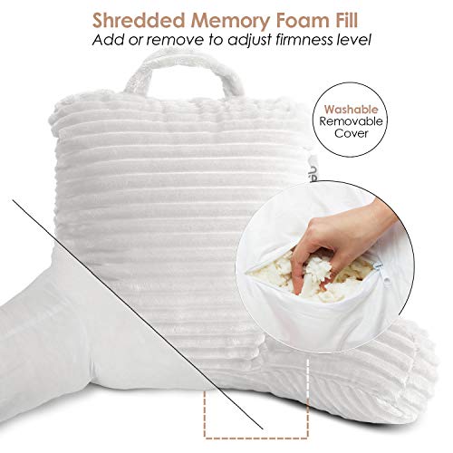 Nestl Cut Plush Striped Reading Pillow For Kids & Teens, Small Back Pillow, Back Support Pillow, Shredded Memory Foam Bed Rest Pillow With Arms, White #TOP5