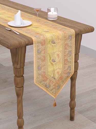 Image of Banarasi Brocade Zari Silk Table Runner Dinning & Centre Table Runner 177 By 30 CM (Beige, Peacock)