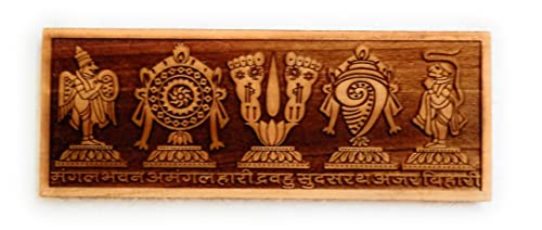 Image of Brass Mart Garud Shank Chakra Wooden Plate with Free Double Tape for Sticking for Home Temple (6inches)