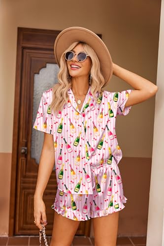 Image of Ekouaer Womens Satin Pajamas Set Button Down 2 Piece Silk Pjs Shorts Set Ruffle Lingerie Notch Collar Sleepwear