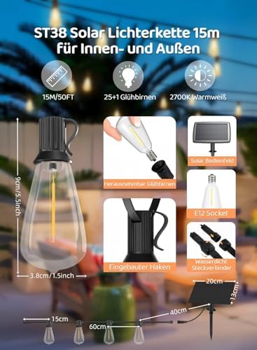 Gaoxun 50FT Solar/USB Outdoor String Lights with 25 Shatterproof LED Bulbs(1 Spares), Waterproof ST38 Patio Lights Dimmable with Remote, 3 Modes, Timer, for Backyard Garden Party, 2700K Warm White