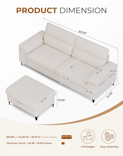 Image of 88.97 inch L Shaped Sectional Couches Deep Seat Sofa for Living Room(Beige)