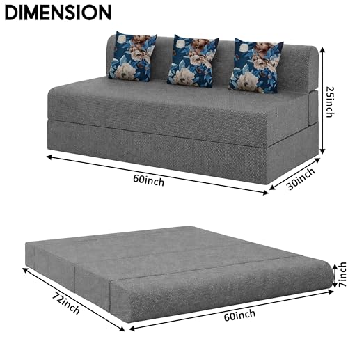 Image of Foldable Three Seater Sofa Bed 5 X 6 Ft Jute Fabric Washable Cover Sofa Cum Bed with Cushions Convertible Sofa Bed for Home (Grey Color - Pre-Assembled)