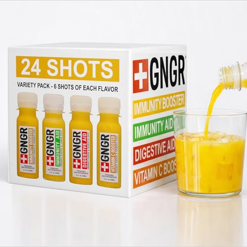 GNGR 24 Shots Variety Pack of Organic Cold-Pressed Ginger Shots – 4 Target Formulas with Peruvian Ginger, High-Absorption Turmeric & Vitamin C, for Immunity, Digestion & Detox – 2 fl oz (Pack of 24)