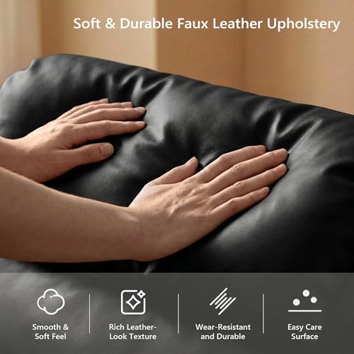 Image of STHOUYN Oversized Leather Accent Chair, Mid Century Modern Office Arm Chair with Solid Wood Legs & High Backrest, Comfy Upholstered Side Sofa Chair for Living Room, Waiting Room, Bedroom (1, Black)