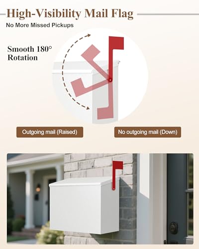 VERSASKY Wall-Mount Mailbox for Outside, Large Capacity Rust-Proof Mail Box with Stay-Open Lid & Red Flag Kit, Galvanized Steel Weather-Resistant Post Box for House Outside, 10.5"x4.3"x14.2", White