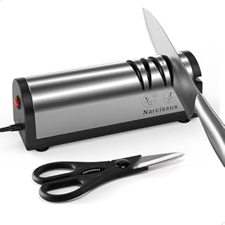 Narcissus Knife Sharpener, Professional 2 Stage Electric Knife Sharpener for Quick Sharpening & Polishing, with Scissors Sharpener and Metal Dust Collection Box, Stainless Steel, Silver