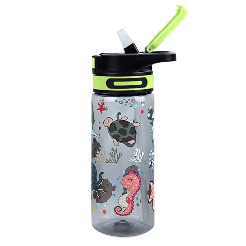 Queenshin Kids Water Bottle with Flip-Up Straw and Carry Handle for School/Sports/Travel, BPA-Free, Lightweight, Leak-Proof Durable Plastic Drinking Cup for Girls Boys Toddlers 650ml (Oceans Animals)
