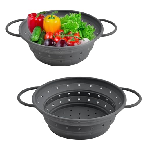 Faltbarer Seiher Sieb, Faltbares Abtropfsieb, Küchenzubehör Set, 2 Größen, für Küche und Camping, Grau (21,5 cm, 25cm)