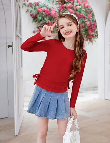 Image of Arshiner Girls Long Sleeve Shirts Ruched Knot Side Tunic Blouse Tee Tops