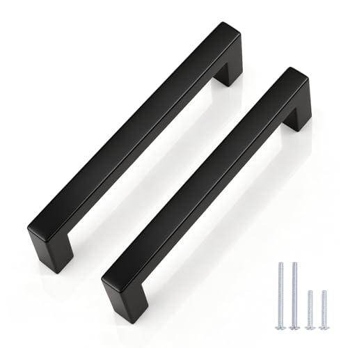 KNOBWELL 6 Pack | 5 inch Cabinet Pulls Matte Black - Stainless Steel Drawer Dresser Pulls Kitchen Cabinet Handles Black 6 Pack - 5" Hole Centers