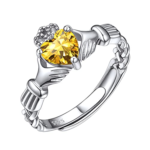 ChicSilver 925 Sterling Silver Claddagh Heart Promise Ring for Women Simulated Yellow Topaz November Birthstone Eternity Bands Wedding Rings Good Luck Irish Celtic Jewelry