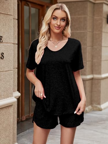Image of MOYEE Womens Pajama Sets Soft Short Sleeve Shirt and Shorts 2 Pieces Lounge Outfit Sets with Pockets