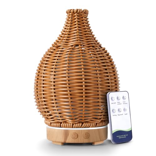 Boho Essential Oil Diffuser for Home Rattan Weaving with Remote Control, 100mL 7 Changing Color Lights Ultrasonic Aroma Humidifier, Noiseless Auto-Off Sleep Mode for Bedroom Office Workout