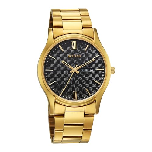Image of Titan Karishma Regal Classic Day-Date Black Dial IPG Stainless Steel Men's Dress Watch - 10059YM01
