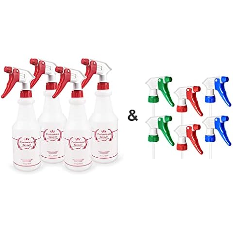 Uineko Plastic Spray Bottle (4 Pack, 24 Oz) & Replacement Trigger Sprayer Nozzle (6 Pack) - 10 Sprayer Nozzles In Total Cover