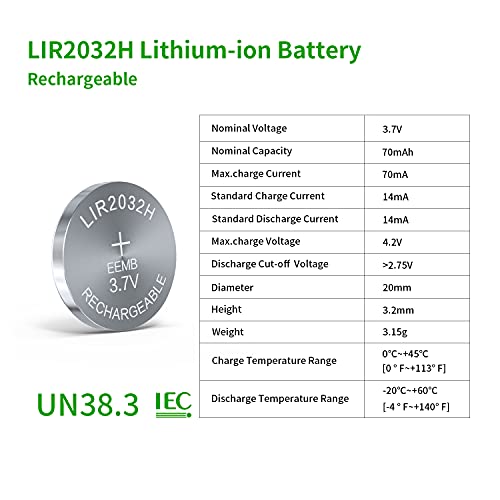 EEMB LIR2032H wiederaufladbares Akkus Batterie Ladegerät mit 4PCS 3.7V Lithium-Ionen-Münz-Knopf-Zelle Batterie 70mAh kann ML2032 für Auto Remote Key Fob Uhr ersetzen