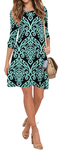 Viishow Womens Round Neck Floral Print 3/4 Sleeves A-Line Casual Tshirt Dresses With Pocket(Flower Black Green,Small) #TOP2