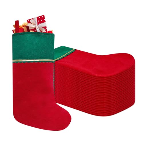 Tokforty 24 Pack Felt Christmas Stockings, 19 Inches Red and Green Christmas Stockings Hanging Ornaments, Green Cuff with Gold Trim Christmas Stockings for Family Christmas Holiday Decorations