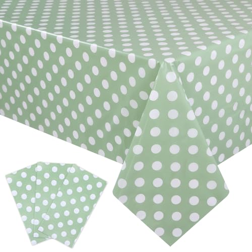 Image of Kesfey 3 Pack Sage Green Polka Dot Table Cloths 54 x 108 Inch Sage Green and White Dots Tablecloth Disposable Plastic Sage Green Tablecover Waterproof Rectangle Picnic Table Covers for Birthday Party