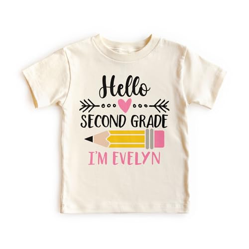 Hello Second 2nd Grade Personalized Shirts For Girls - Custom Name Back To School Pencil Outfit - Cute Gift For First Day Of School Announcement - Natural Toddler & Youth T-Shirt