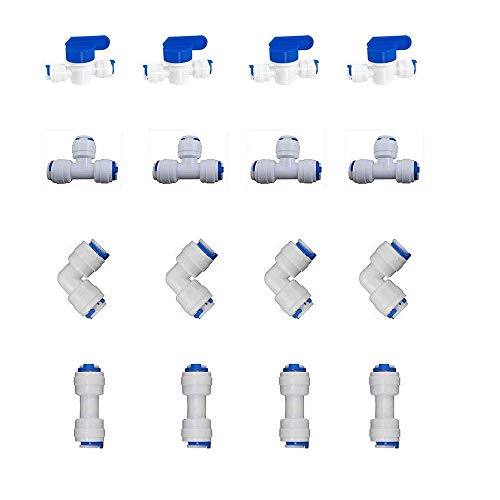 16 pcs MATTOX 1/4" OD Quick Connect Push in to Connect Water Tube Fitting for RO Water Reverse Osmosis System(Ball Valve + Tee fitting + Union Connector+Elbow Connector)