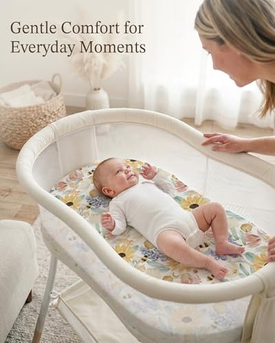 Image of Bassinet Sheets for Baby Girls Boys 2 Pack, Fitted Baby Mattress Sheet for Rectangle, Oval, Hourglass Bassinet Mattress, Breathable Cozy & Universal Fit (Golden Meadow, Bassinet Sheet)