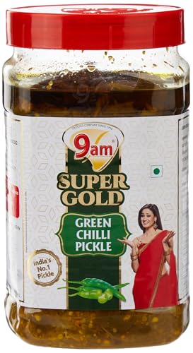 Image of 9AM Super Gold Green Chilli Pickle 900g - Spicy & Flavorful Indian Pickle (Pack of 2)
