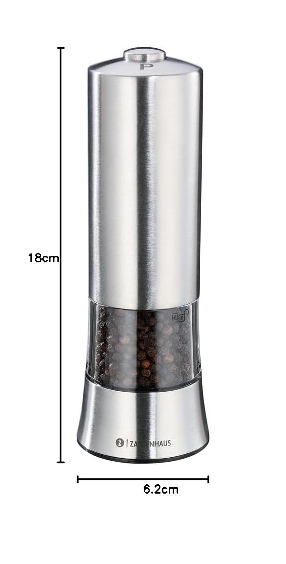 Moulin à sel et à poivre électrique Zassenhaus GERA | moulin en céramique | | acier inoxydable | degré de mouture réglable avec précision | avec remplissage au poivre et piles | moulin à épices | Ø 6 x 18 cm