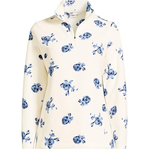Lands' End Womens Fleece Quarter Zip Pullover Print Ivory/Clear Blue Tossed Floral Petite Large3