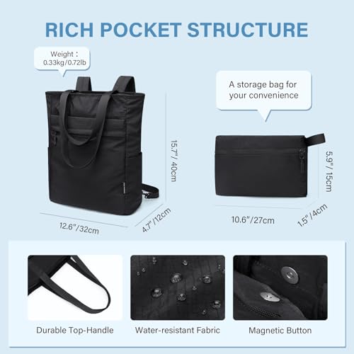 GOLF SUPAGS Foldaway Convertible Rucksack 2 in 1 Casual Tote Schultertasche Nylon Tagesrucksäcke Damen Männer Multifunktions Schule Arbeit Reise, Schwarz