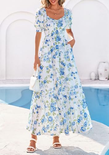 PRETTYGARDEN Women's Floral Boho Maxi Dresses Flowy Short Sleeve A Line Smocked Eyelet 2026 Summer Beach Vacation Clothes (Floral White Blue,Large) — view 2